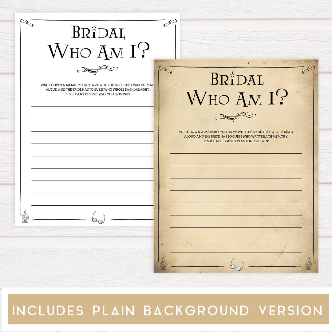 who am I bridal game, Printable bridal shower games, Harry potter bridal shower, Harry Potter bridal shower games, fun bridal shower games, bridal shower game ideas, Harry Potter bridal shower