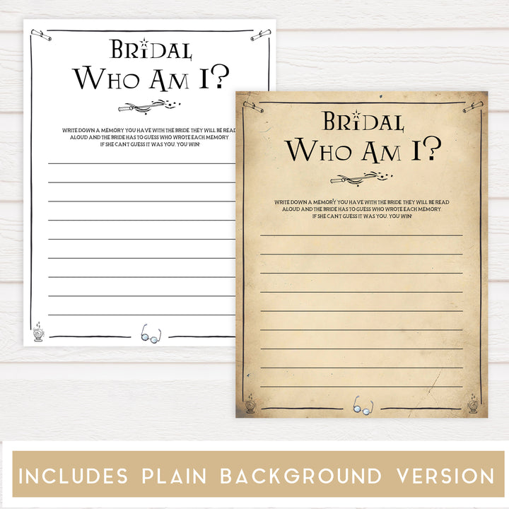 who am I bridal game, Printable bridal shower games, Harry potter bridal shower, Harry Potter bridal shower games, fun bridal shower games, bridal shower game ideas, Harry Potter bridal shower