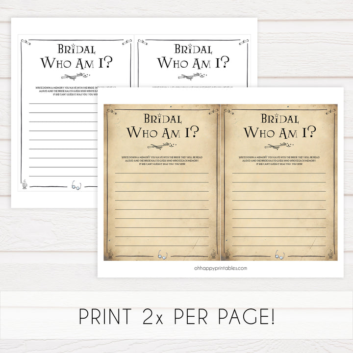 who am I bridal game, Printable bridal shower games, Harry potter bridal shower, Harry Potter bridal shower games, fun bridal shower games, bridal shower game ideas, Harry Potter bridal shower