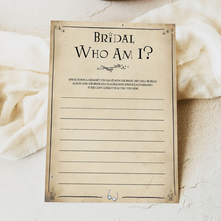 who am I bridal game, Printable bridal shower games, Harry potter bridal shower, Harry Potter bridal shower games, fun bridal shower games, bridal shower game ideas, Harry Potter bridal shower