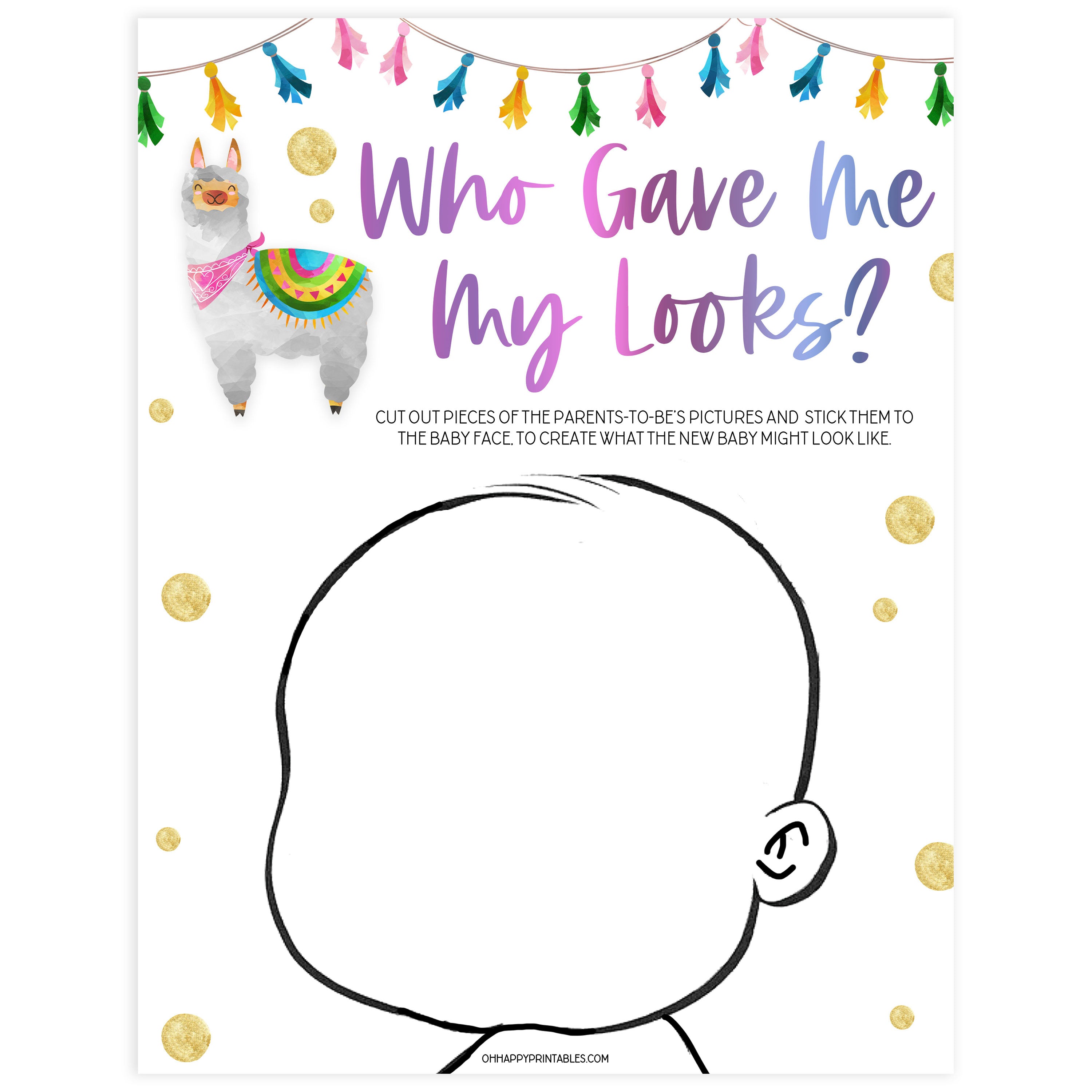 who gave me my looks, baby looks game, Printable baby shower games, llama fiesta fun baby games, baby shower games, fun baby shower ideas, top baby shower ideas, Llama fiesta shower baby shower, fiesta baby shower ideas