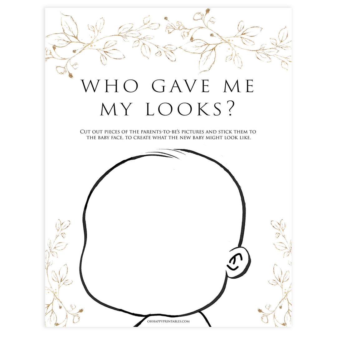 who gave me my looks baby game, Printable baby shower games, gold leaf baby games, baby shower games, fun baby shower ideas, top baby shower ideas, gold leaf baby shower, baby shower games, fun gold leaf baby shower ideas