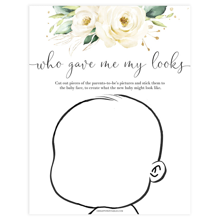 who gave me my looks game, Printable baby shower games, shite floral baby games, baby shower games, fun baby shower ideas, top baby shower ideas, floral baby shower, baby shower games, fun floral baby shower ideas