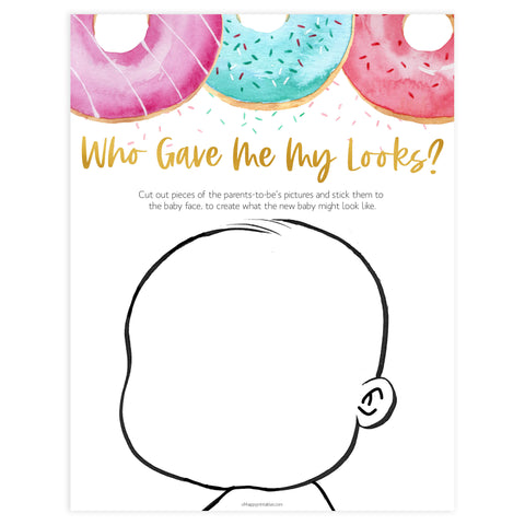 who gave me my looks game, Printable baby shower games, donut baby games, baby shower games, fun baby shower ideas, top baby shower ideas, donut sprinkles baby shower, baby shower games, fun donut baby shower ideas
