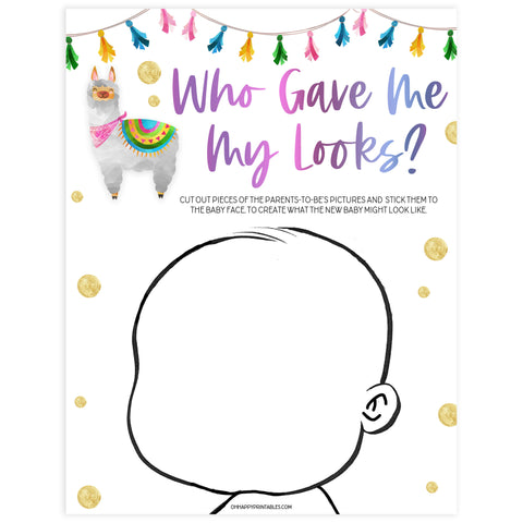 who gave me my looks, baby looks game, Printable baby shower games, llama fiesta fun baby games, baby shower games, fun baby shower ideas, top baby shower ideas, Llama fiesta shower baby shower, fiesta baby shower ideas