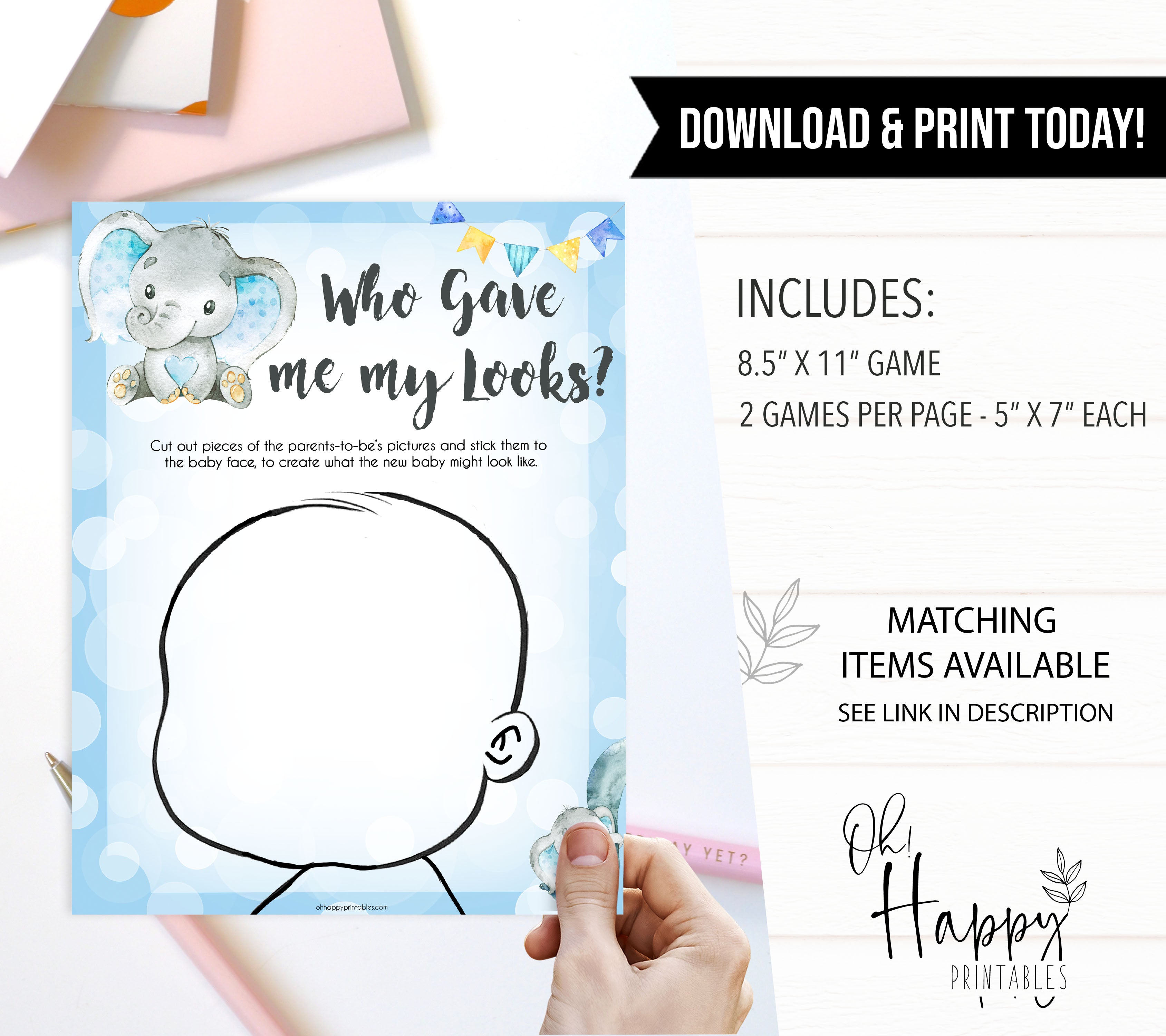 Blue elephant baby games, who gave me my looks, elephant baby games, printable baby games, top baby games, best baby shower games, baby shower ideas, fun baby games, elephant baby shower