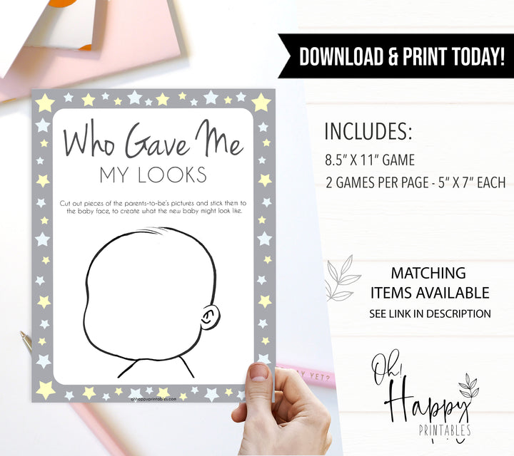 Grey Yellow Stars Baby Face Game, What Will Baby Look Like, Baby Face Guess The Looks, Printable Baby Shower Game, Baby Face, Gave Looks, fun baby shower games, popular baby shower games