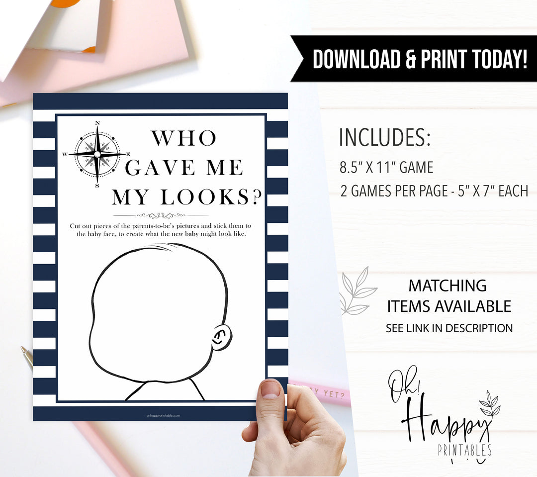 Nautical baby shower games, who game me my looks baby shower games, printable baby shower games, baby shower games, fun baby games, ahoy its a boy, popular baby shower games, sailor baby games, boat baby games