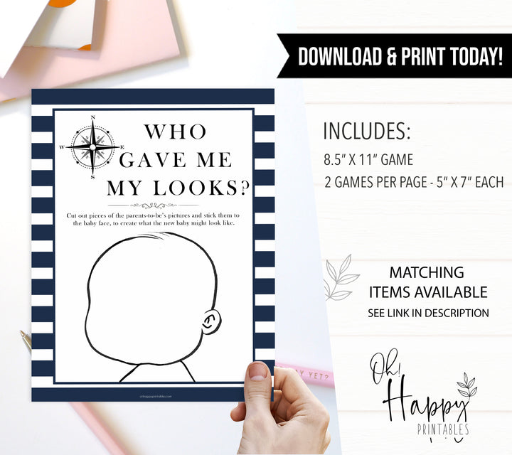 Nautical baby shower games, who game me my looks baby shower games, printable baby shower games, baby shower games, fun baby games, ahoy its a boy, popular baby shower games, sailor baby games, boat baby games
