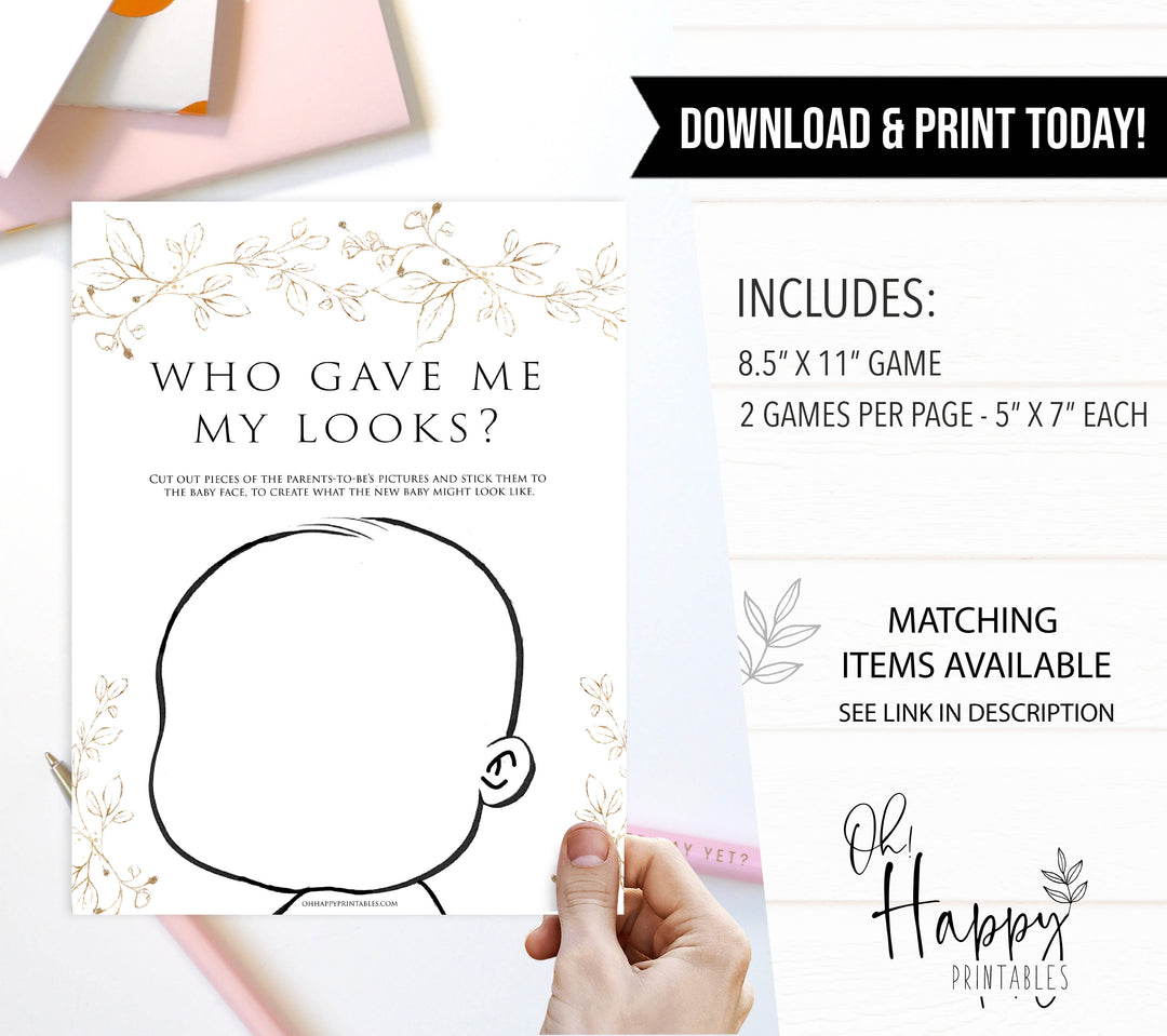 who gave me my looks baby game, Printable baby shower games, gold leaf baby games, baby shower games, fun baby shower ideas, top baby shower ideas, gold leaf baby shower, baby shower games, fun gold leaf baby shower ideas