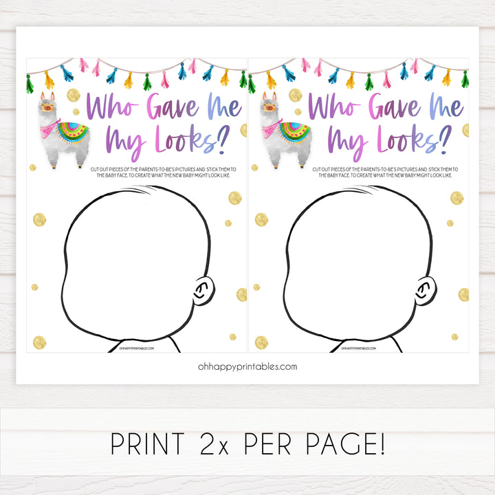 who gave me my looks, baby looks game, Printable baby shower games, llama fiesta fun baby games, baby shower games, fun baby shower ideas, top baby shower ideas, Llama fiesta shower baby shower, fiesta baby shower ideas