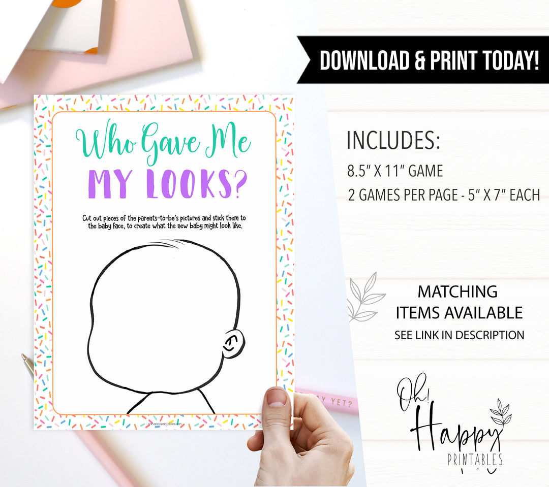 who gave me my looks, baby looks game,  Printable baby shower games, baby sprinkle fun baby games, baby shower games, fun baby shower ideas, top baby shower ideas, sprinkle shower baby shower, friends baby shower ideas