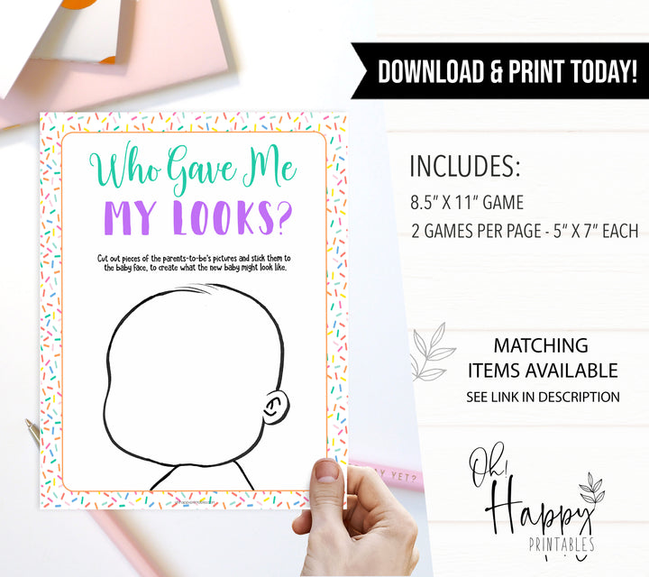 who gave me my looks, baby looks game,  Printable baby shower games, baby sprinkle fun baby games, baby shower games, fun baby shower ideas, top baby shower ideas, sprinkle shower baby shower, friends baby shower ideas