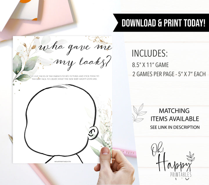 Gold green leaf baby games, who gave the baby their looks, printable baby games, fun baby games, top baby games to play, gold leaf baby shower, greenery baby shower ideas