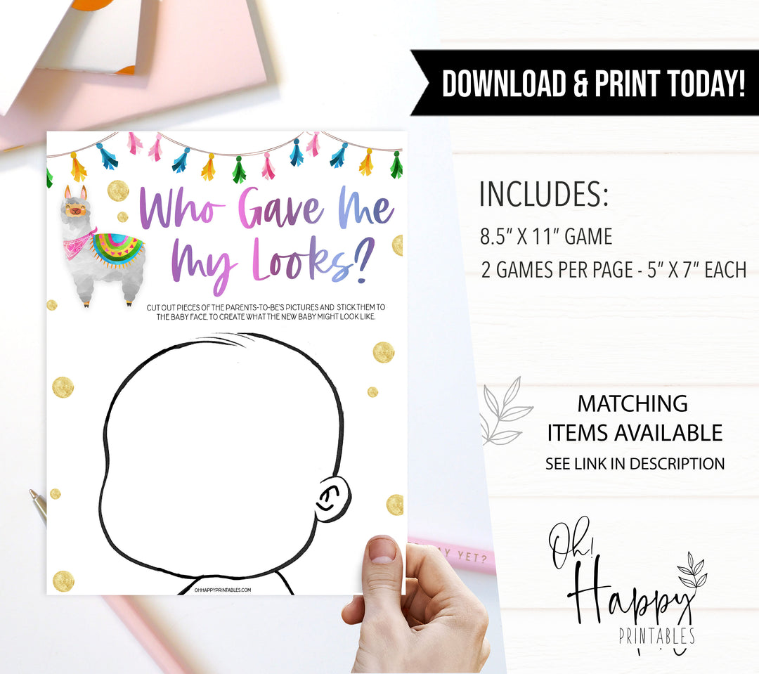 who gave me my looks, baby looks game, Printable baby shower games, llama fiesta fun baby games, baby shower games, fun baby shower ideas, top baby shower ideas, Llama fiesta shower baby shower, fiesta baby shower ideas