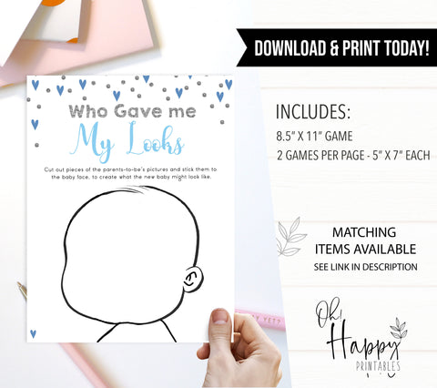who gave me my looks, Printable baby shower games, small blue hearts fun baby games, baby shower games, fun baby shower ideas, top baby shower ideas, silver baby shower, blue hearts baby shower ideas
