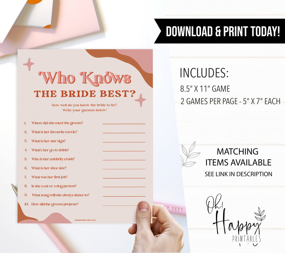 do you know the bride game, 70s retro bridal shower, retro bridal shower games, modern 70s bridal collection, 70s bridal shower, printable bridal games