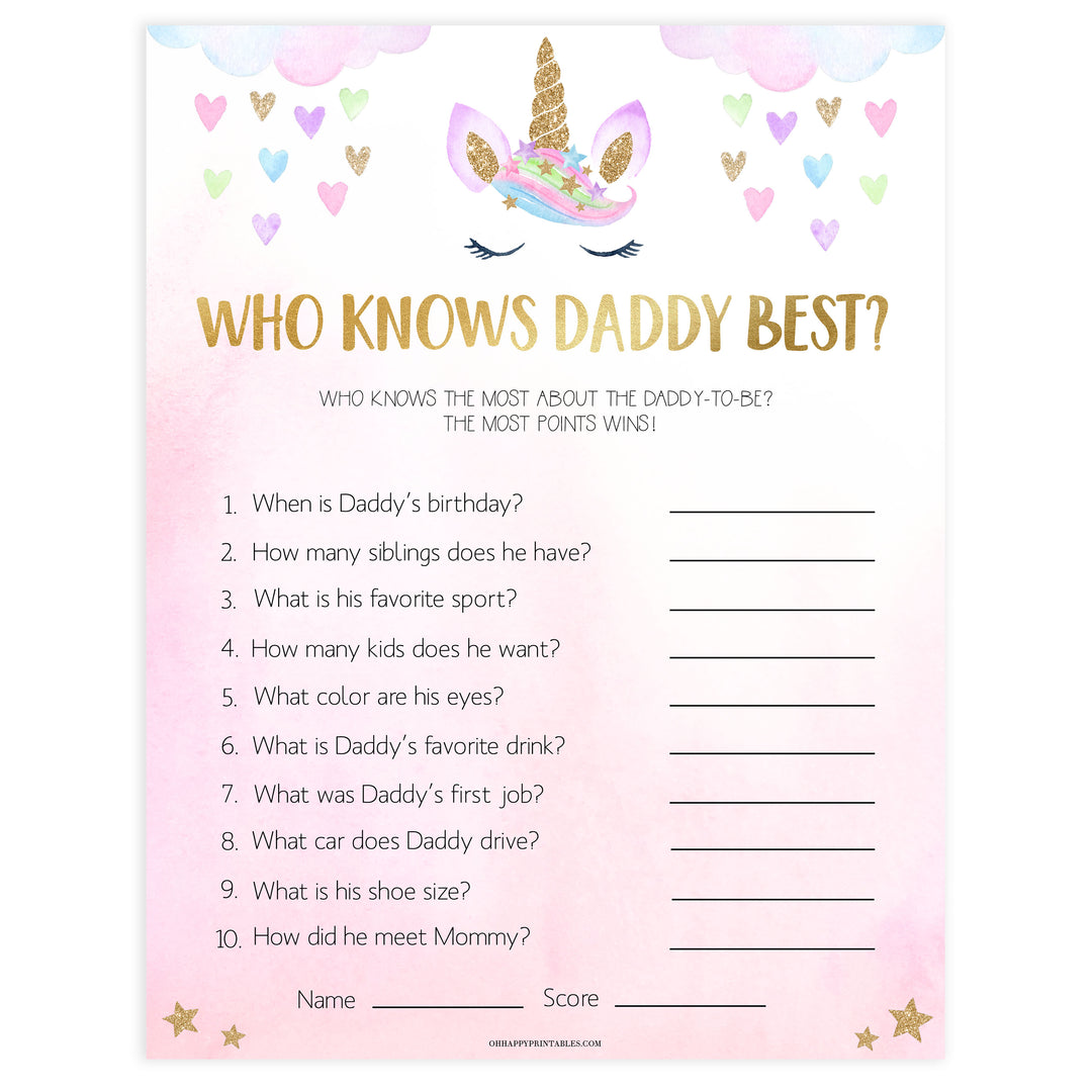 who knows daddy best game, Printable baby shower games, unicorn baby games, baby shower games, fun baby shower ideas, top baby shower ideas, unicorn baby shower, baby shower games, fun unicorn baby shower ideas
