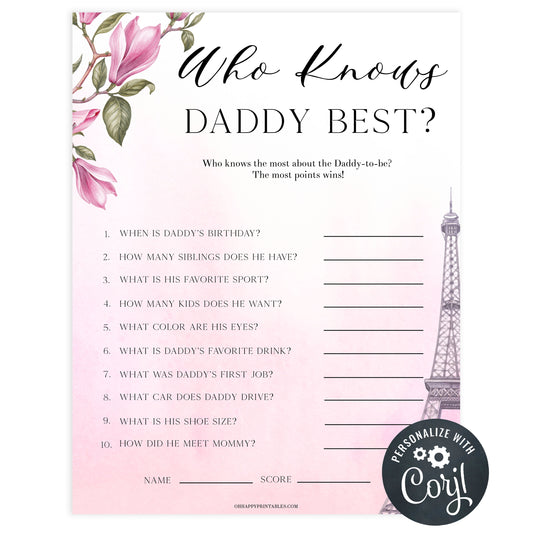 editable who knows daddy best baby game, Paris baby shower games, printable baby shower games, Parisian baby shower games, fun baby shower games