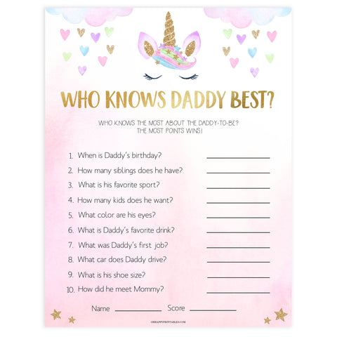 who knows daddy best game, Printable baby shower games, unicorn baby games, baby shower games, fun baby shower ideas, top baby shower ideas, unicorn baby shower, baby shower games, fun unicorn baby shower ideas