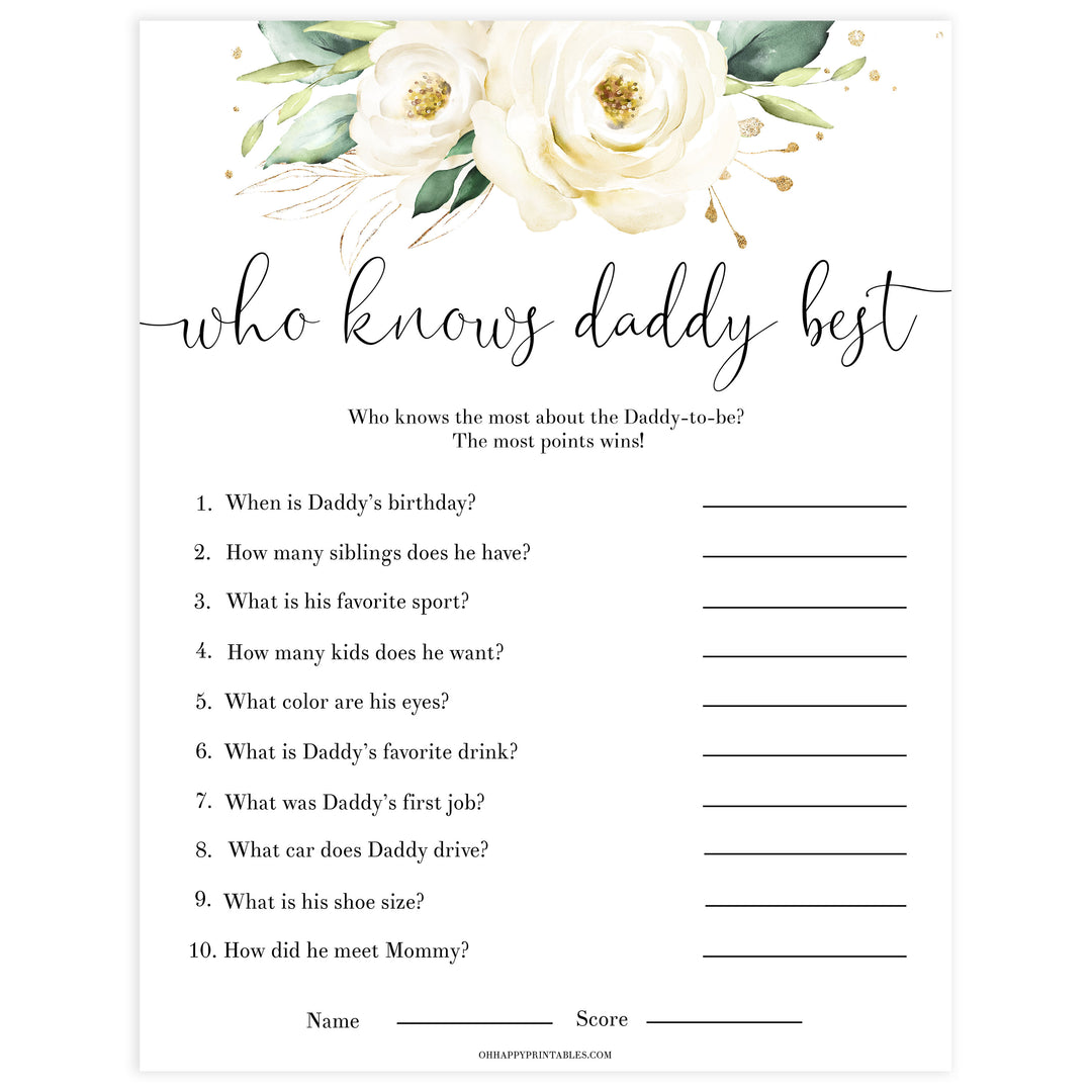 Editable who knows daddy best game, Printable baby shower games, shite floral baby games, baby shower games, fun baby shower ideas, top baby shower ideas, floral baby shower, baby shower games, fun floral baby shower ideas