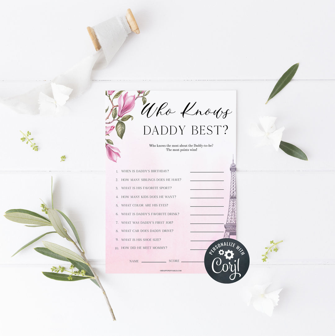 editable who knows daddy best baby game, Paris baby shower games, printable baby shower games, Parisian baby shower games, fun baby shower games
