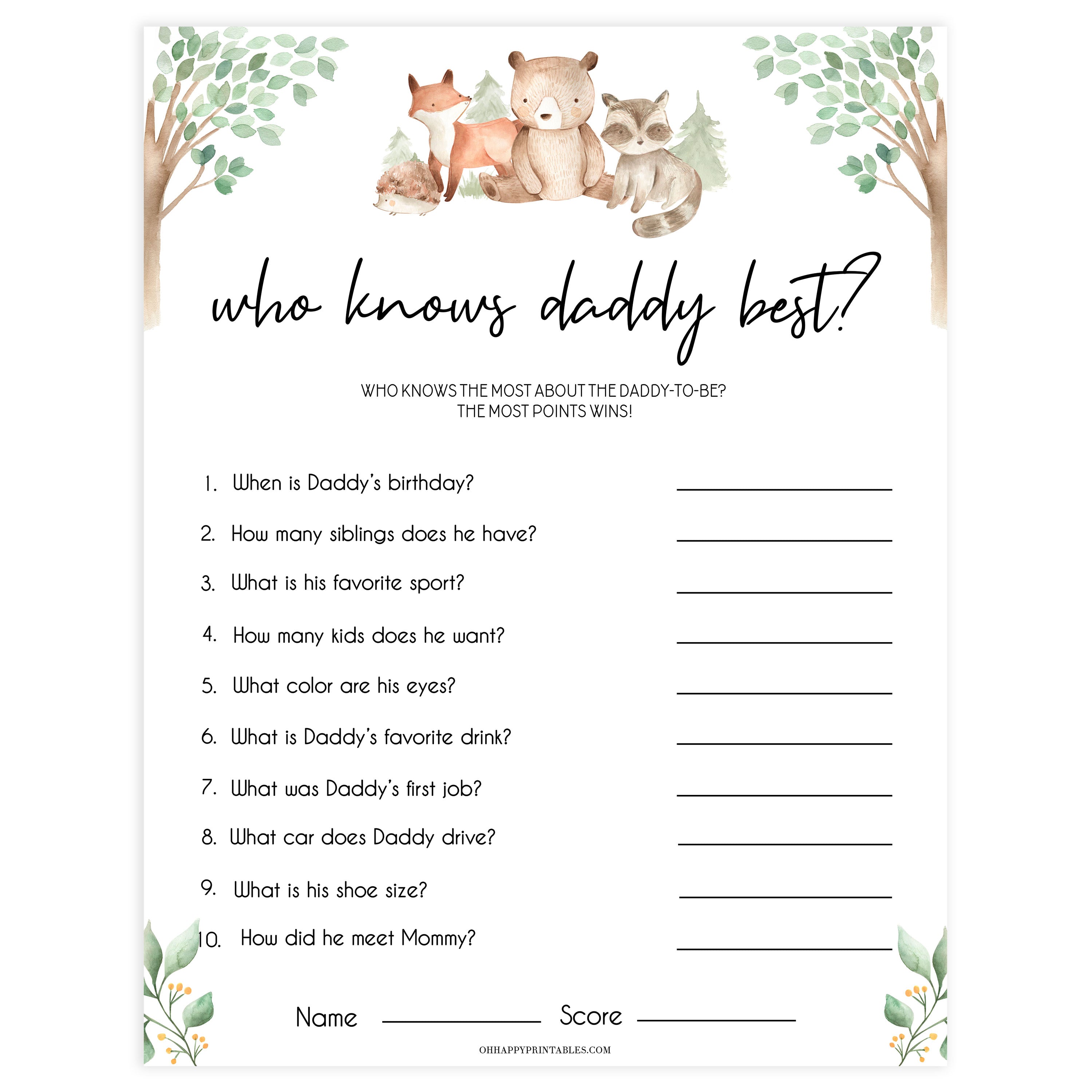 editable who knows daddy best game, Printable baby shower games, woodland animals baby games, baby shower games, fun baby shower ideas, top baby shower ideas, woodland baby shower, baby shower games, fun woodland animals baby shower ideas