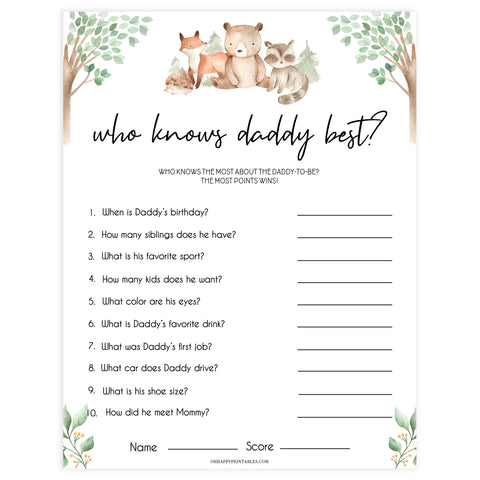 editable who knows daddy best game, Printable baby shower games, woodland animals baby games, baby shower games, fun baby shower ideas, top baby shower ideas, woodland baby shower, baby shower games, fun woodland animals baby shower ideas
