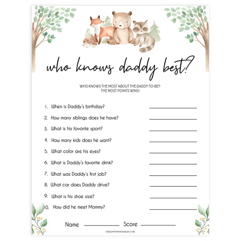 editable who knows daddy best game, Printable baby shower games, woodland animals baby games, baby shower games, fun baby shower ideas, top baby shower ideas, woodland baby shower, baby shower games, fun woodland animals baby shower ideas