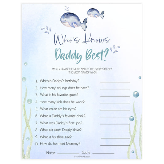 who knows daddy best game, Printable baby shower games, whale baby games, baby shower games, fun baby shower ideas, top baby shower ideas, whale baby shower, baby shower games, fun whale baby shower ideas