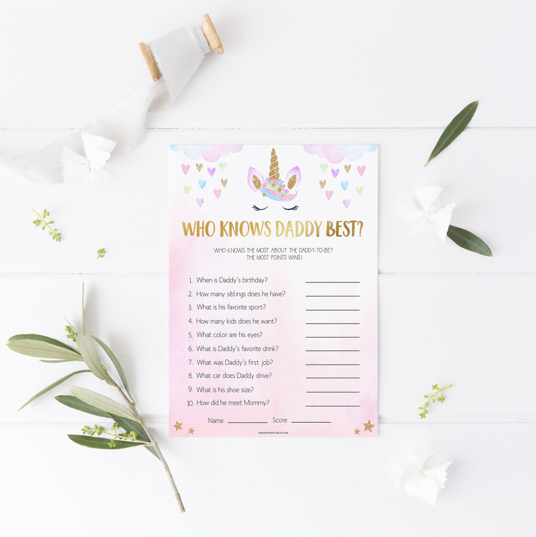 who knows daddy best game, Printable baby shower games, unicorn baby games, baby shower games, fun baby shower ideas, top baby shower ideas, unicorn baby shower, baby shower games, fun unicorn baby shower ideas