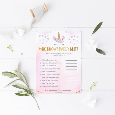 who knows daddy best game, Printable baby shower games, unicorn baby games, baby shower games, fun baby shower ideas, top baby shower ideas, unicorn baby shower, baby shower games, fun unicorn baby shower ideas