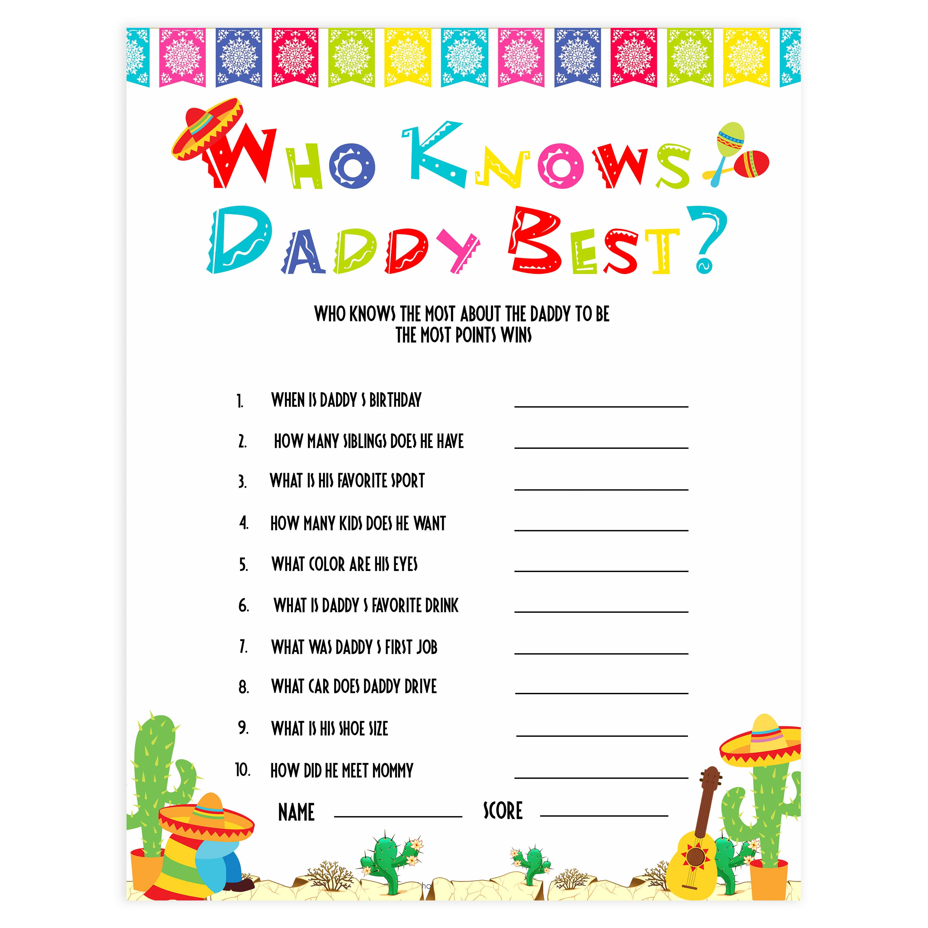 who knows daddy best game, Printable baby shower games, Mexican fiesta fun baby games, baby shower games, fun baby shower ideas, top baby shower ideas, fiesta shower baby shower, fiesta baby shower ideas