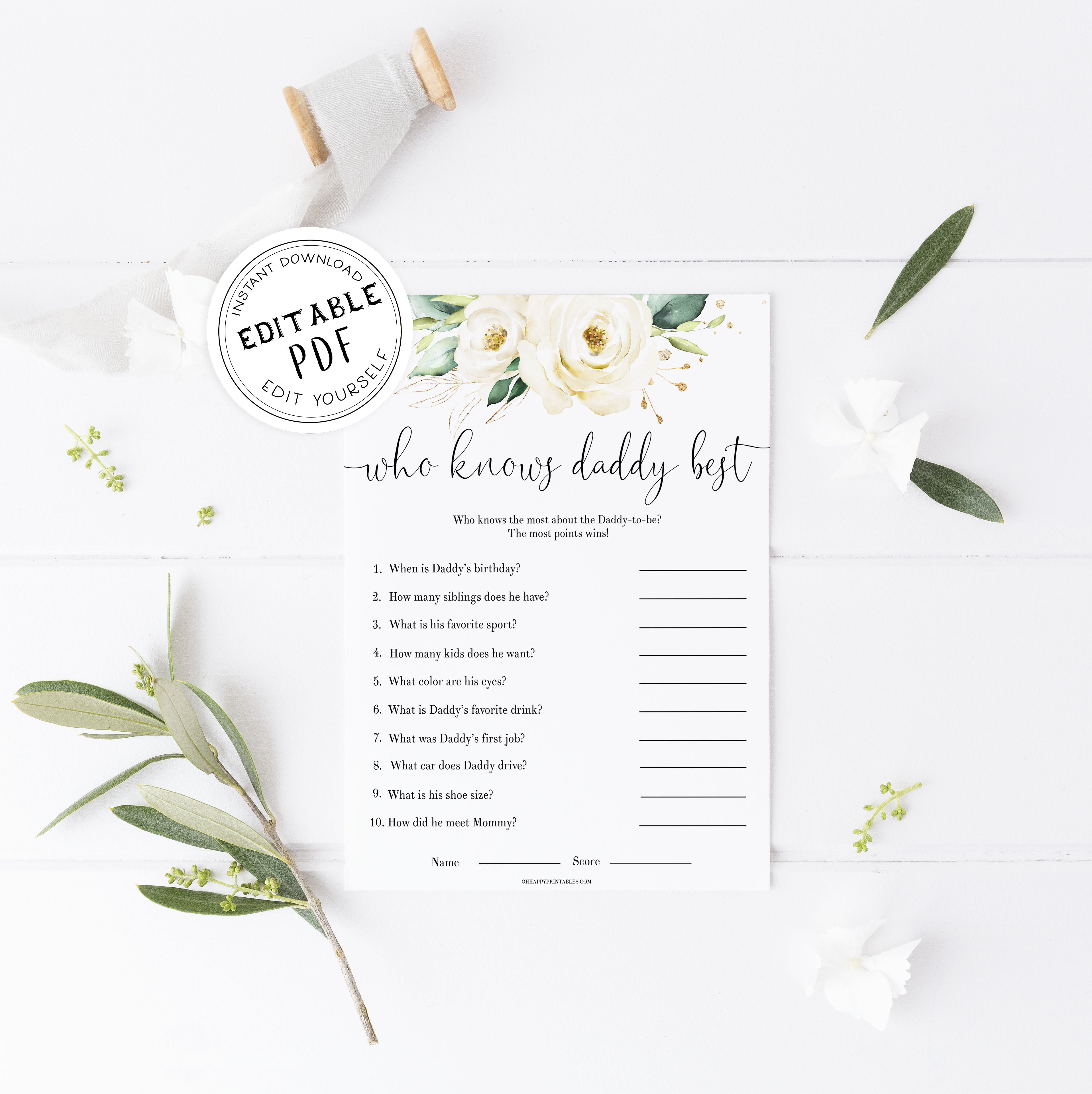 Editable who knows daddy best game, Printable baby shower games, shite floral baby games, baby shower games, fun baby shower ideas, top baby shower ideas, floral baby shower, baby shower games, fun floral baby shower ideas