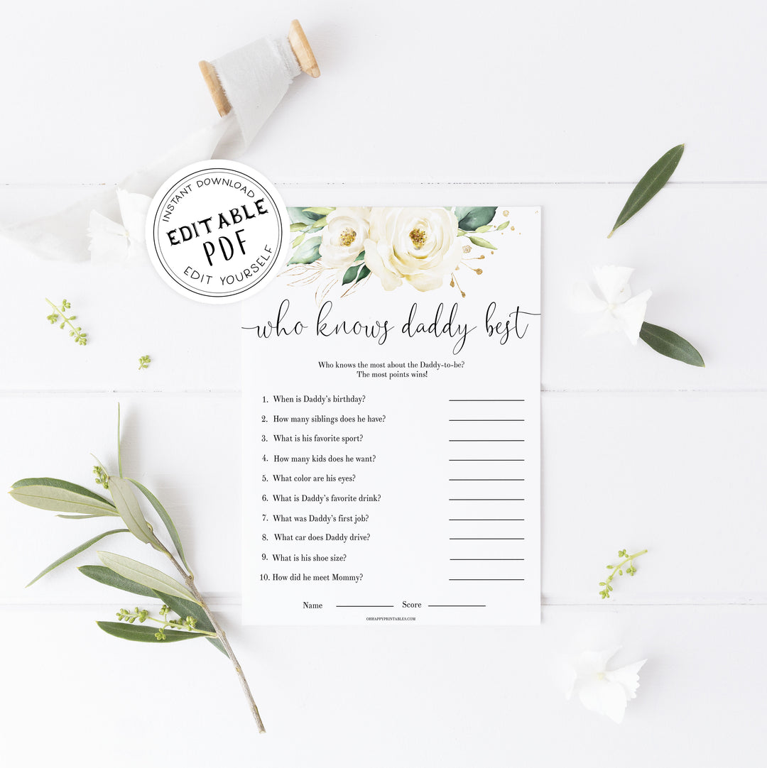 Editable who knows daddy best game, Printable baby shower games, shite floral baby games, baby shower games, fun baby shower ideas, top baby shower ideas, floral baby shower, baby shower games, fun floral baby shower ideas
