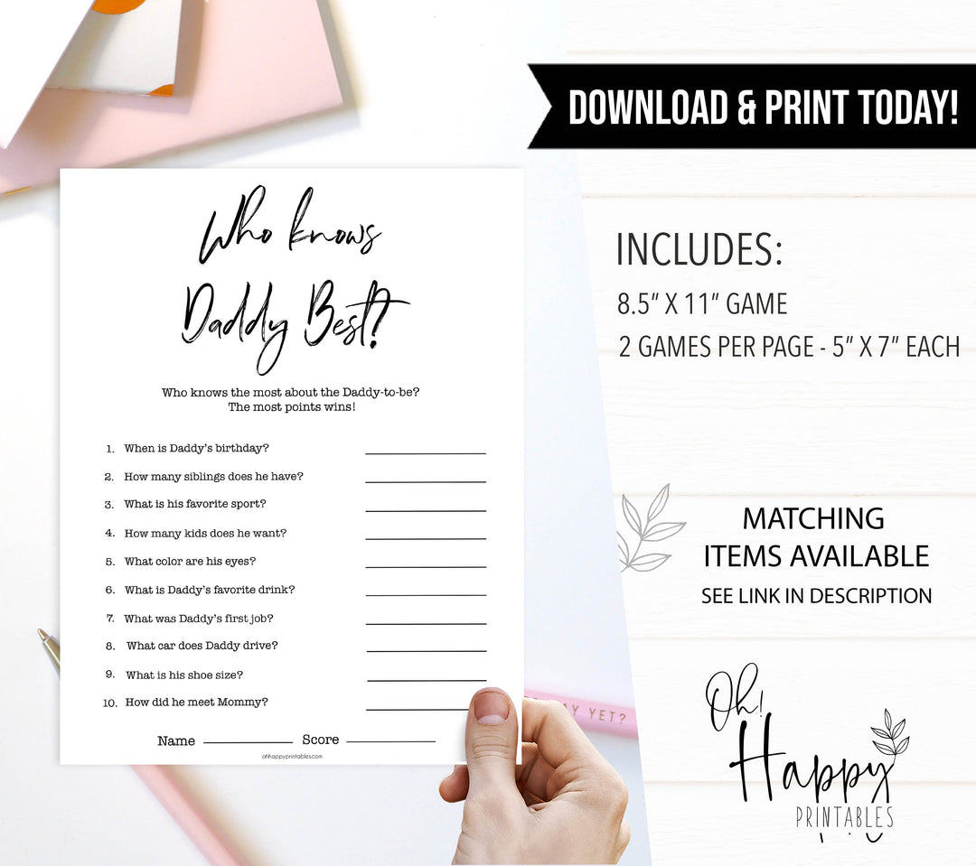 White Gender Neutral Who Knows Daddy Best, How Well Do you Know Daddy Games, Who Knows Daddy Game, White Baby Shower Games, Baby Shower, fun baby games, popular baby games