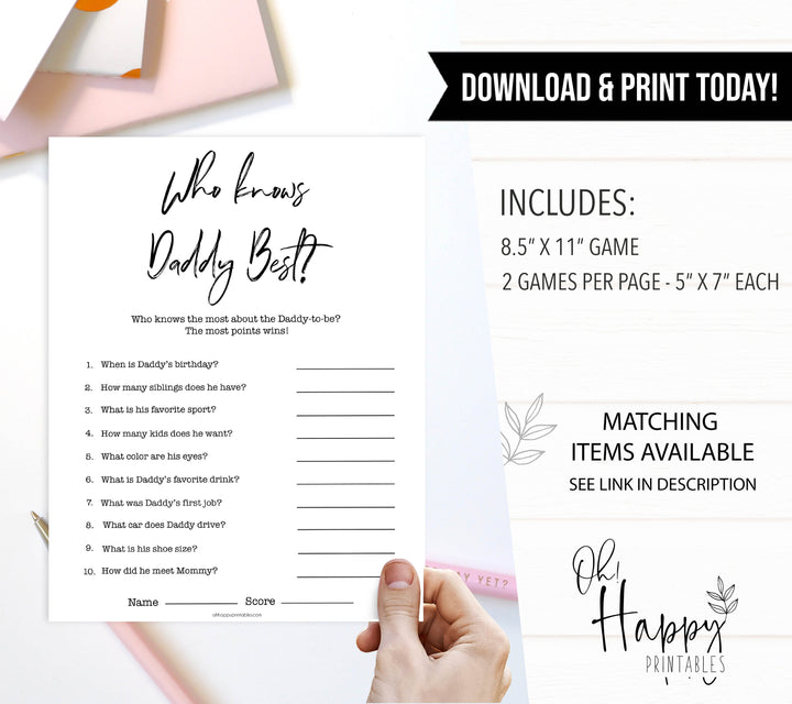 White Gender Neutral Who Knows Daddy Best, How Well Do you Know Daddy Games, Who Knows Daddy Game, White Baby Shower Games, Baby Shower, fun baby games, popular baby games