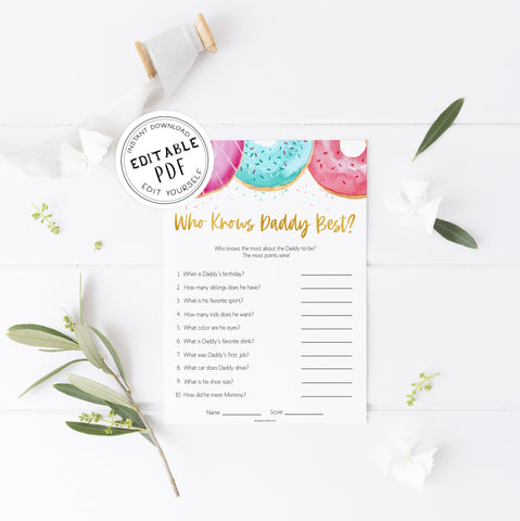 editable baby games, who knows daddy best, Printable baby shower games, donut baby games, baby shower games, fun baby shower ideas, top baby shower ideas, donut sprinkles baby shower, baby shower games, fun donut baby shower ideas