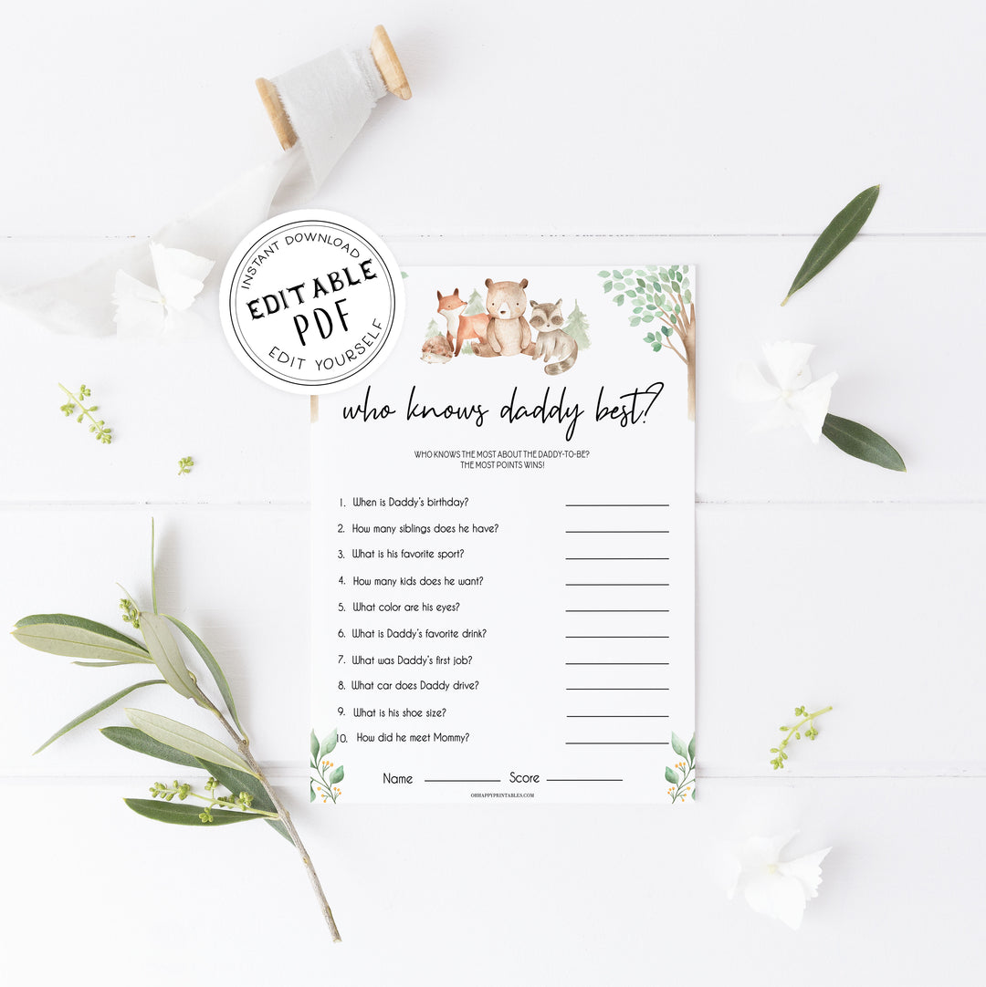 editable who knows daddy best game, Printable baby shower games, woodland animals baby games, baby shower games, fun baby shower ideas, top baby shower ideas, woodland baby shower, baby shower games, fun woodland animals baby shower ideas