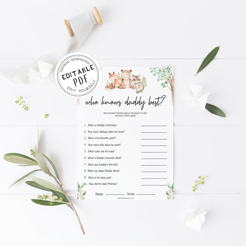 editable who knows daddy best game, Printable baby shower games, woodland animals baby games, baby shower games, fun baby shower ideas, top baby shower ideas, woodland baby shower, baby shower games, fun woodland animals baby shower ideas