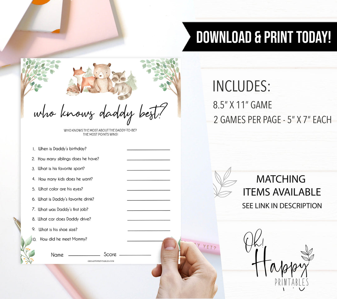 editable who knows daddy best game, Printable baby shower games, woodland animals baby games, baby shower games, fun baby shower ideas, top baby shower ideas, woodland baby shower, baby shower games, fun woodland animals baby shower ideas
