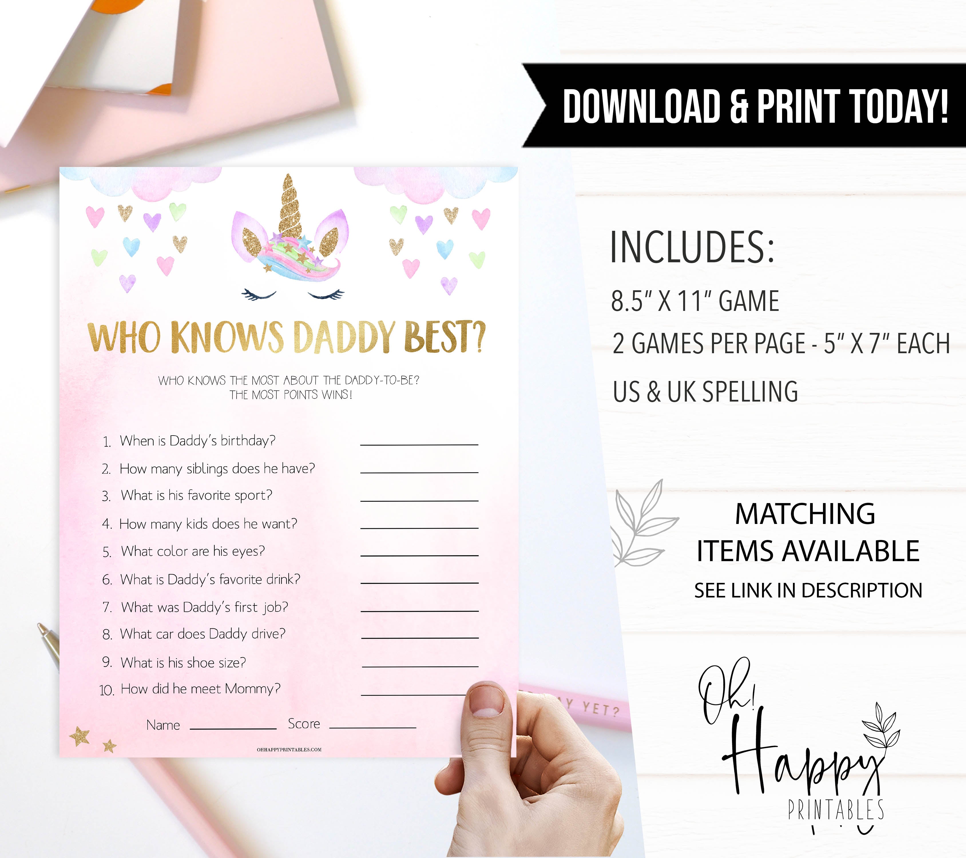 who knows daddy best game, Printable baby shower games, unicorn baby games, baby shower games, fun baby shower ideas, top baby shower ideas, unicorn baby shower, baby shower games, fun unicorn baby shower ideas