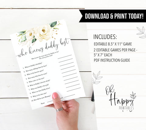 Editable who knows daddy best game, Printable baby shower games, shite floral baby games, baby shower games, fun baby shower ideas, top baby shower ideas, floral baby shower, baby shower games, fun floral baby shower ideas