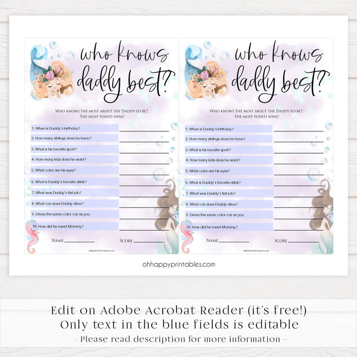 editable who knows daddy best baby game, Printable baby shower games, little mermaid baby games, baby shower games, fun baby shower ideas, top baby shower ideas, little mermaid baby shower, baby shower games, pink hearts baby shower ideas