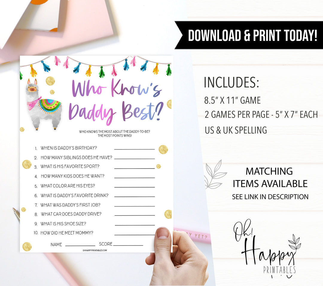 who knows daddy best game, Printable baby shower games, llama fiesta fun baby games, baby shower games, fun baby shower ideas, top baby shower ideas, Llama fiesta shower baby shower, fiesta baby shower ideas