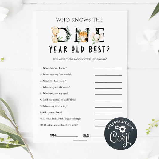 editable first birthday game, who knows me best first birthday game, printable first birthday games, wild one birthday theme