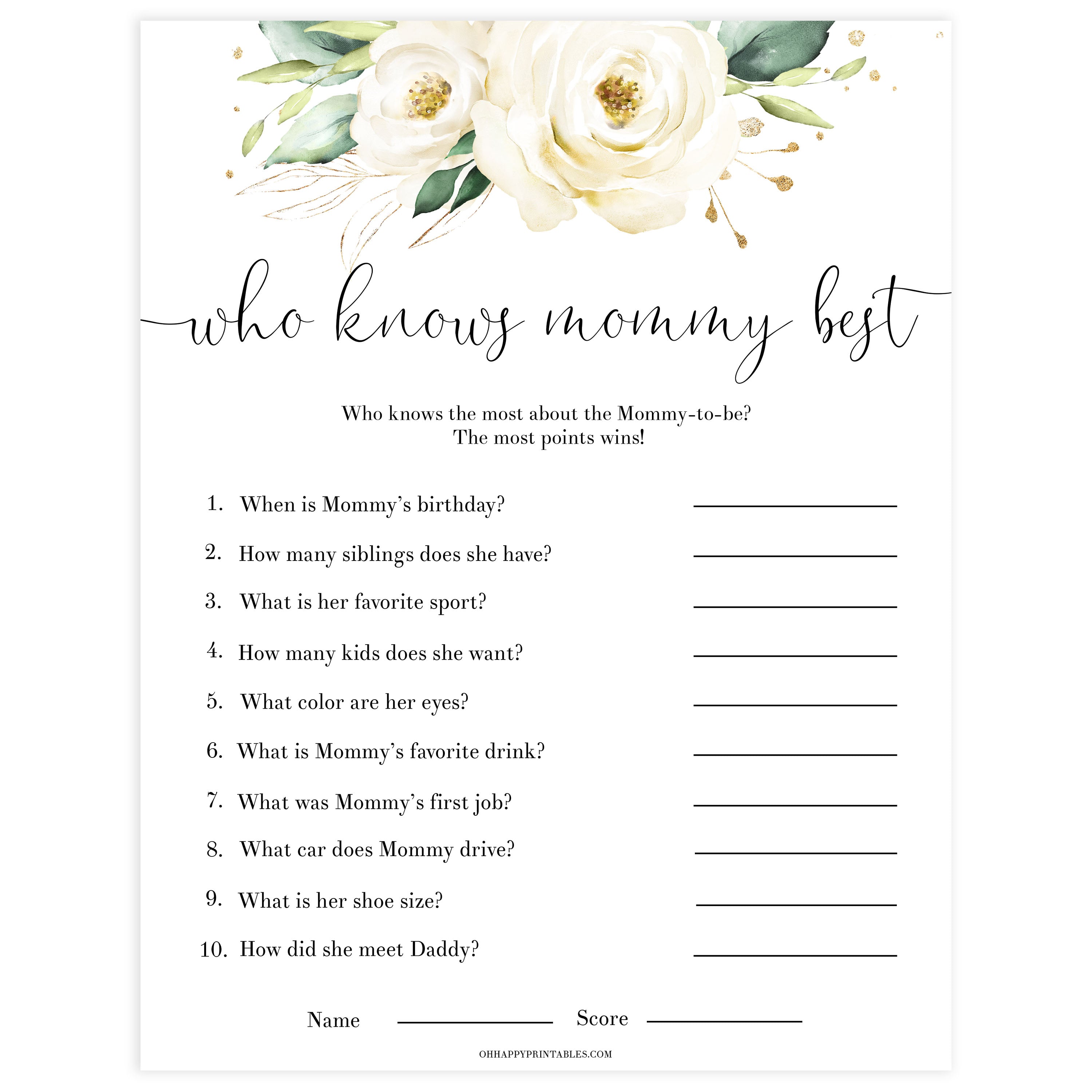 editable who knows mommy best game, Printable baby shower games, shite floral baby games, baby shower games, fun baby shower ideas, top baby shower ideas, floral baby shower, baby shower games, fun floral baby shower ideas