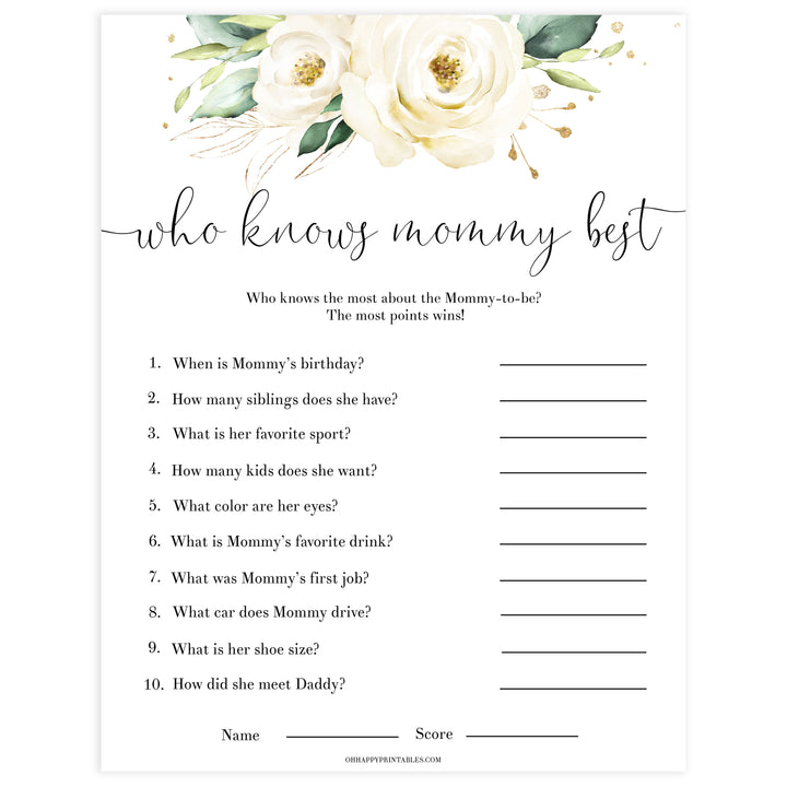 editable who knows mommy best game, Printable baby shower games, shite floral baby games, baby shower games, fun baby shower ideas, top baby shower ideas, floral baby shower, baby shower games, fun floral baby shower ideas