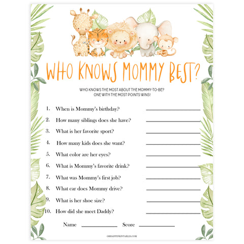 editable who knows mommy best game, Printable baby shower games, safari animals baby games, baby shower games, fun baby shower ideas, top baby shower ideas, safari animals baby shower, baby shower games, fun baby shower ideas