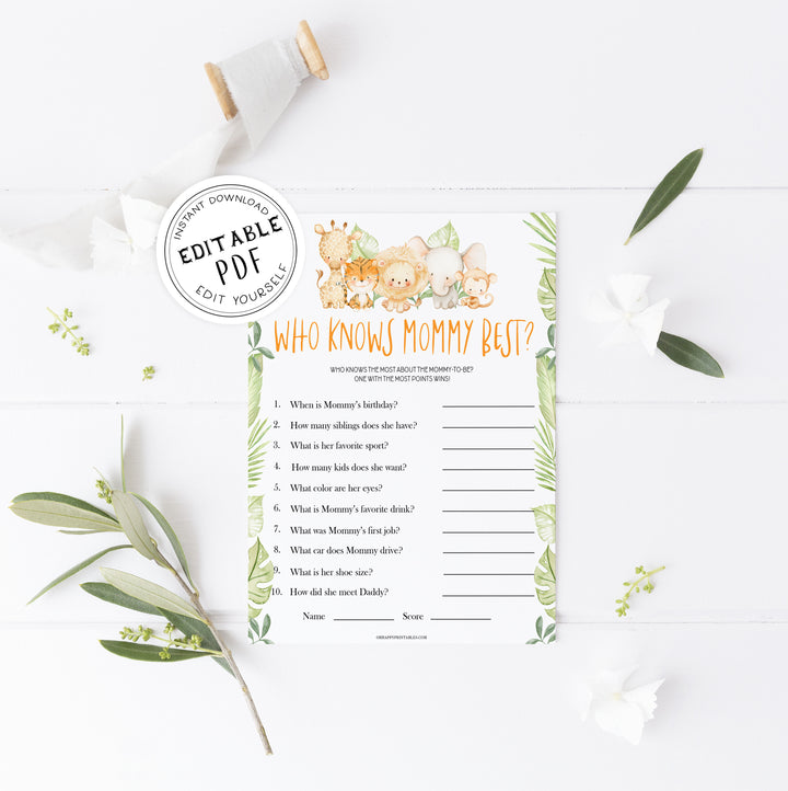 editable who knows mommy best game, Printable baby shower games, safari animals baby games, baby shower games, fun baby shower ideas, top baby shower ideas, safari animals baby shower, baby shower games, fun baby shower ideas